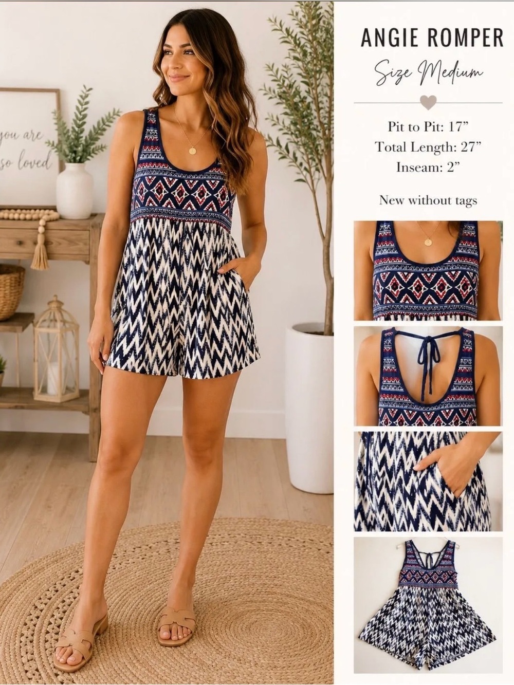Angie Navy & White Patterned Sleeveless Swim Romper